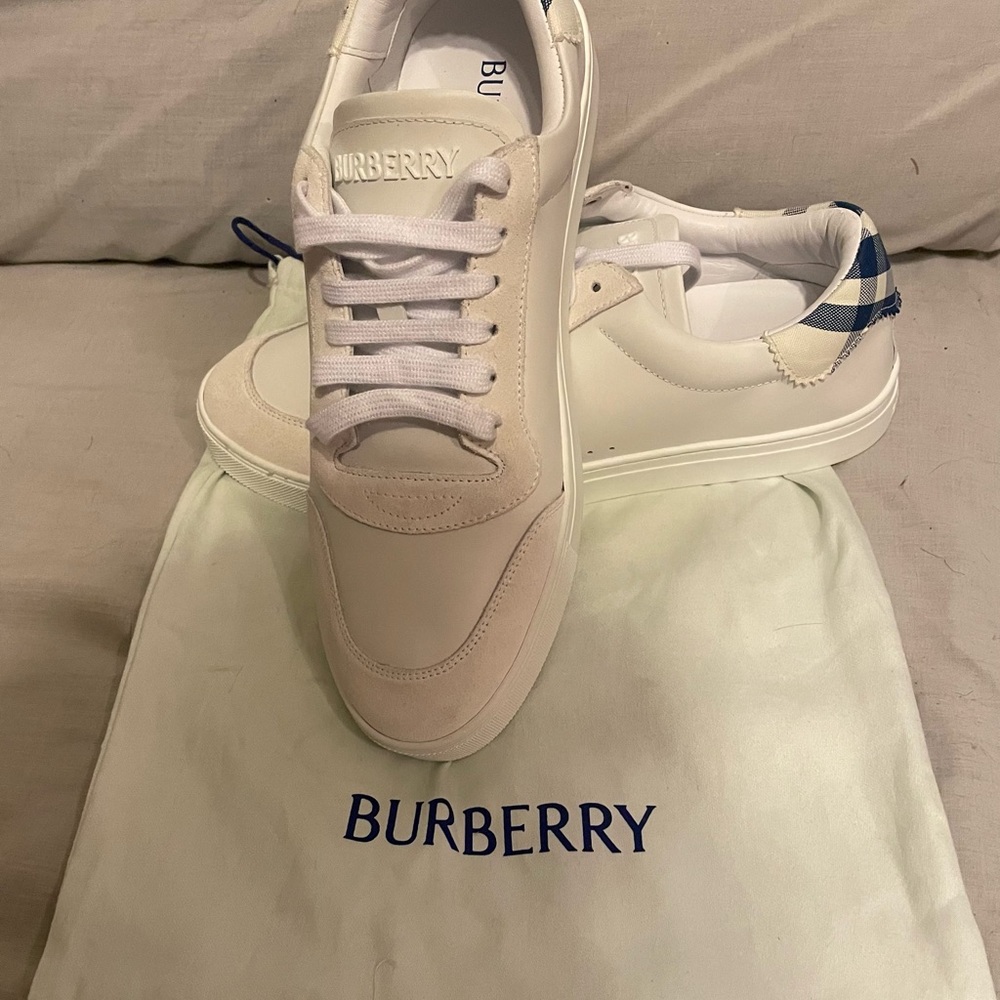 Burberry, Men Size 12 White w/ Blue Burberry Print Casual, Luxury Sneaker